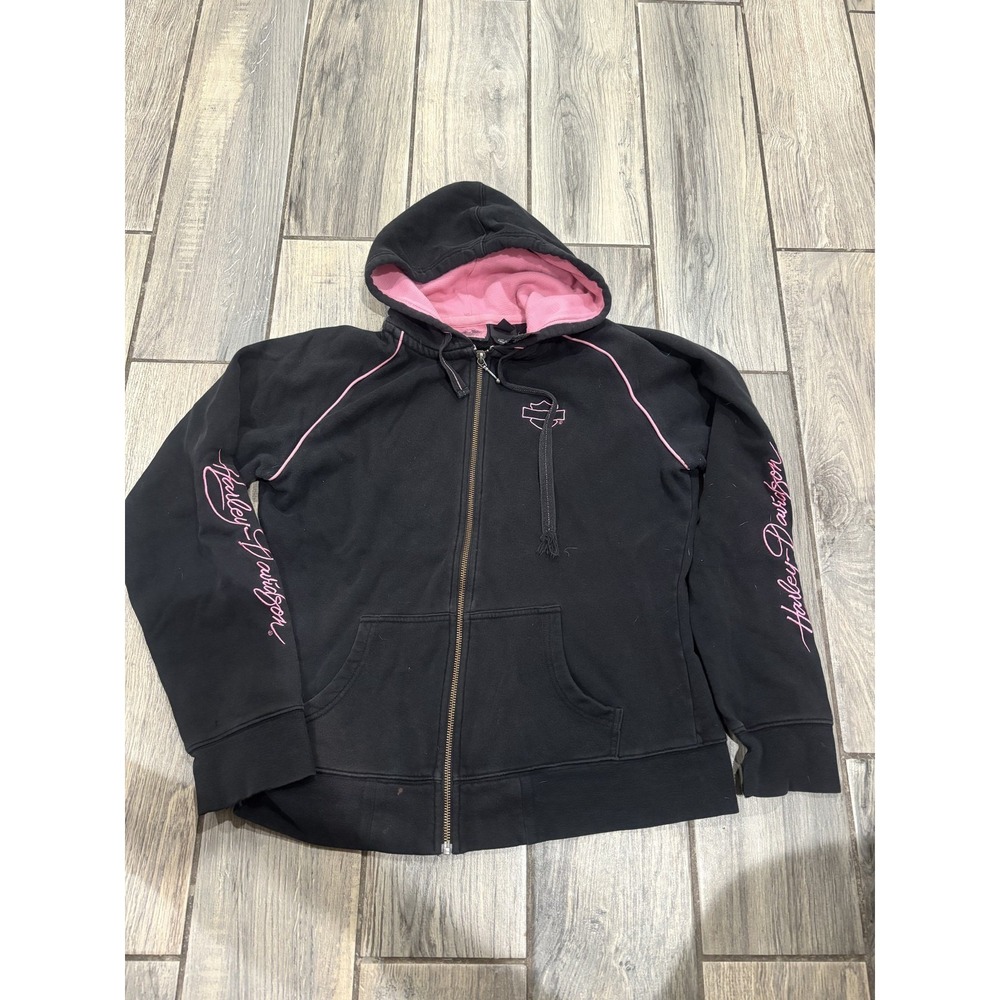 Harley-Davidson Women's Black & Pink‎ Full Zip Hoodie Sweatshirt Size Large L